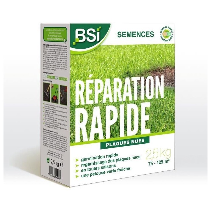 BSI - Semences De Gazon - Réparation Rapide - Avec Enrobage Protecteur - Tres Haute qualité - Jusqu'a 125m² - 2,5Kg