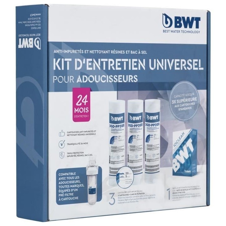 Kit entretien adoucisseurs - BWT - Kit universel - 3 cartouches + 1 pack de pastilles de nettoyage - 24 mois / 2 ans d'entretien Kit entretien adoucisseurs - BWT - Kit universel - 3 cartouches + 1 pack de pastilles de nettoyage - 24 mois / 2 ans d'entretien