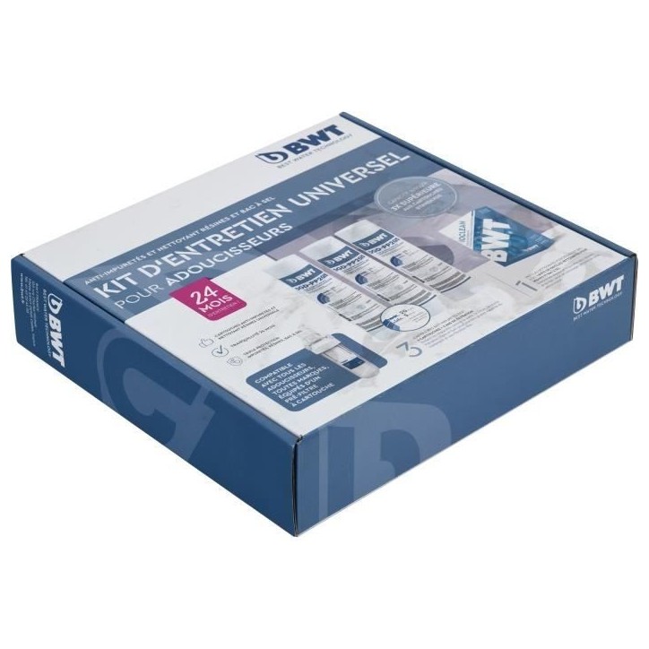 Kit entretien adoucisseurs - BWT - Kit universel - 3 cartouches + 1 pack de pastilles de nettoyage - 24 mois / 2 ans d'entretien Kit entretien adoucisseurs - BWT - Kit universel - 3 cartouches + 1 pack de pastilles de nettoyage - 24 mois / 2 ans d'entretien