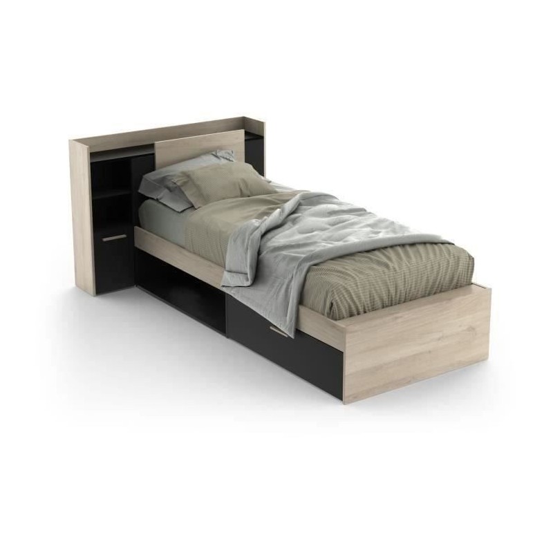 Lit enfant LIFE - 90x190/200 - Rangements - Décor Chene et noir - DEM