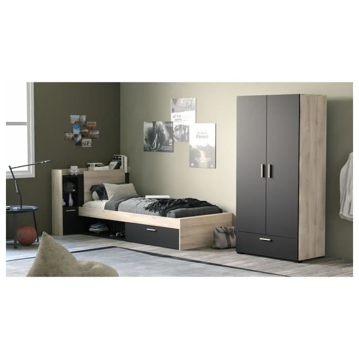 Lit enfant LIFE - 90x190/200 - Rangements - Décor Chene et noir - DEMEYERE - Fabriqué en France