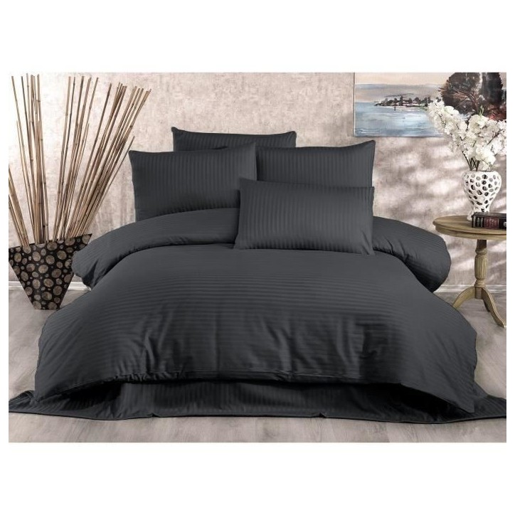 Parure de lit - 1 housse de couette 220x240 cm + 2 taies d'oreiller 60x60 cm - 70% polyester, 30% coton - Anthracite Parure de lit - 1 housse de couette 220x240 cm + 2 taies d'oreiller 60x60 cm - 70% polyester, 30% coton - Anthracite