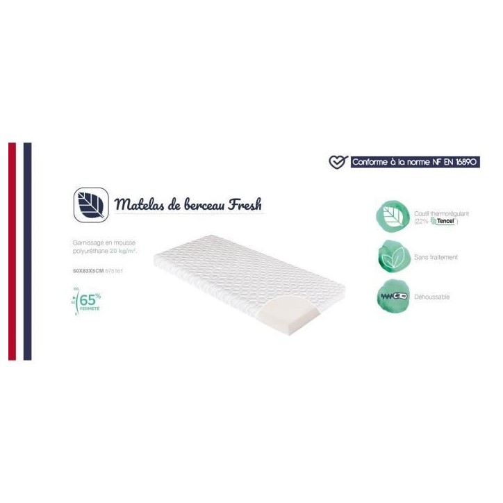 Matelas De Berceau Fresh CANDIDE 50x83x5cm, Sans Traitement, Idéal Cododo, Thermorégulant, Fabriqué En France, Garantie 5 Ans Matelas De Berceau Fresh CANDIDE 50x83x5cm, Sans Traitement, Idéal Cododo, Thermorégulant, Fabriqué En France, Garantie 5 Ans