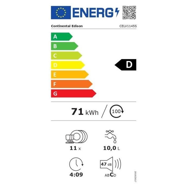 Lave-vaisselle pose libre - CONTINENTAL EDISON - CELV1145S - 11 couverts - 45 cm - 45 dB - Silver