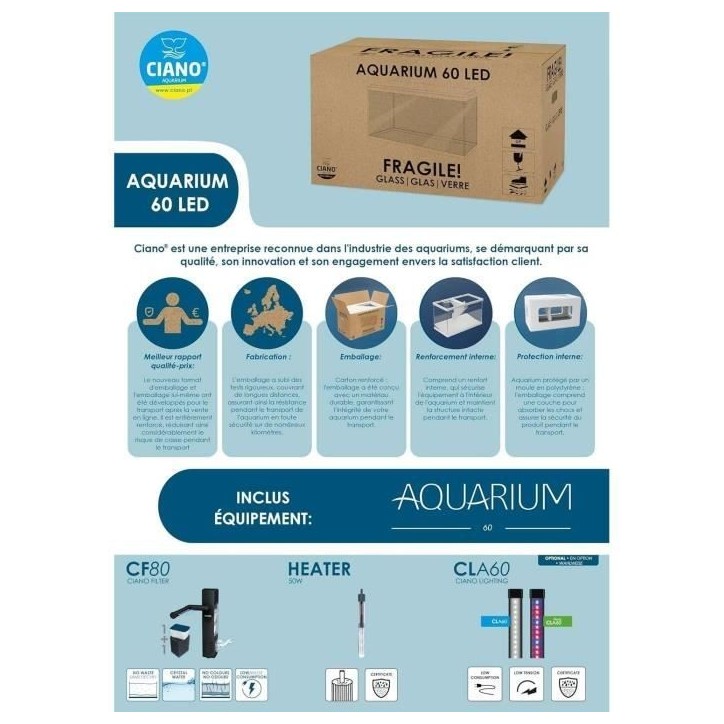 Aquarium - CIANO - 60 L - Filtre - LED - Chauffage - FOAM 30PPI - CF80 - Noir
