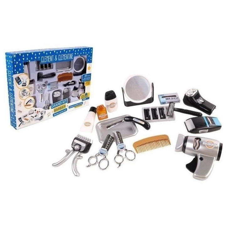 Set coiffeur - Jeu d'imitation Barbier - CLEMENT CLEMENTINE - Tondeuse, seche-cheveux, rasoirs - Des 3 ans Set coiffeur - Jeu d'imitation Barbier - CLEMENT CLEMENTINE - Tondeuse, seche-cheveux, rasoirs - Des 3 ans