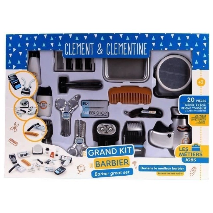Set coiffeur - Jeu d'imitation Barbier - CLEMENT CLEMENTINE - Tondeuse, seche-cheveux, rasoirs - Des 3 ans Set coiffeur - Jeu d'imitation Barbier - CLEMENT CLEMENTINE - Tondeuse, seche-cheveux, rasoirs - Des 3 ans