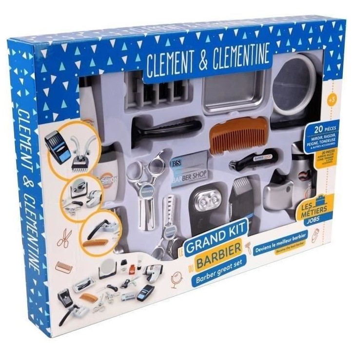 Set coiffeur - Jeu d'imitation Barbier - CLEMENT CLEMENTINE - Tondeuse, seche-cheveux, rasoirs - Des 3 ans Set coiffeur - Jeu d'imitation Barbier - CLEMENT CLEMENTINE - Tondeuse, seche-cheveux, rasoirs - Des 3 ans