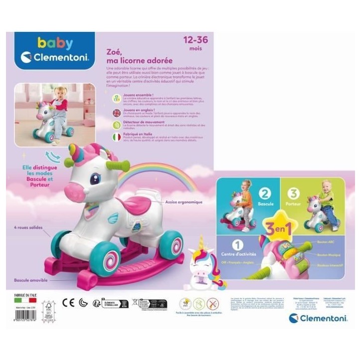 Licorne a bascule et a roues - Clementoni - Rose - Capteur de caresse et détecteur de mouvement Licorne a bascule et a roues - Clementoni - Rose - Capteur de caresse et détecteur de mouvement