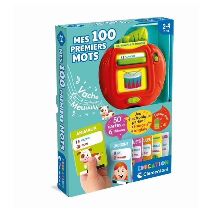 CLEMENTONI - Mes 100 premiers mots Bilingue - Jouets éducatifs - 2 modes de jeux : Quiz et découverte - Sons et comptines