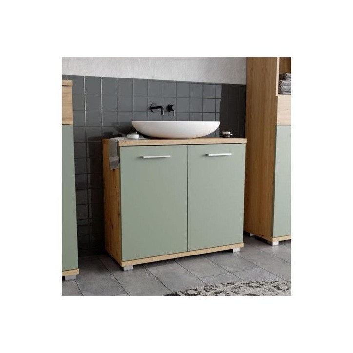 CHAMP - Meuble sous-lavabo - 2 portes - 69,9 x 28,9 x 62 cm - Chene artisan / Vert sauge - FORTE CHAMP - Meuble sous-lavabo - 2 portes - 69,9 x 28,9 x 62 cm - Chene artisan / Vert sauge - FORTE