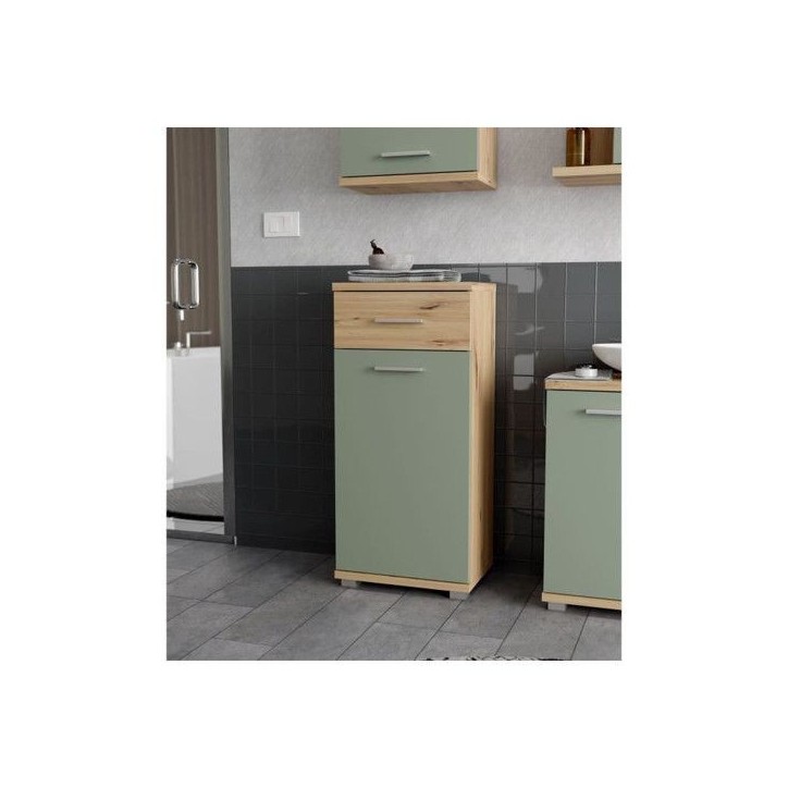 CHAMP - Meuble bas de salle de bain - 40,2 x 28,9 x 87,6 cm - Chene artisan / Vert sauge - FORTE CHAMP - Meuble bas de salle de bain - 40,2 x 28,9 x 87,6 cm - Chene artisan / Vert sauge - FORTE