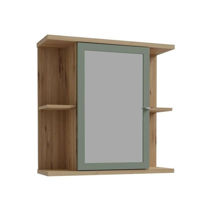 Armoire a suspendre - Chene artisan / Vert sauge - 1 porte avec miroir - Meuble de salle de bain - 69,9 x 23,2 x 68,8 cm