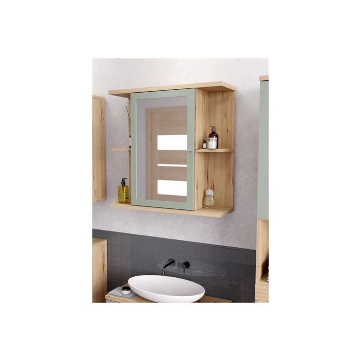 Armoire a suspendre - Chene artisan / Vert sauge - 1 porte avec miroir - Meuble de salle de bain - 69,9 x 23,2 x 68,8 cm