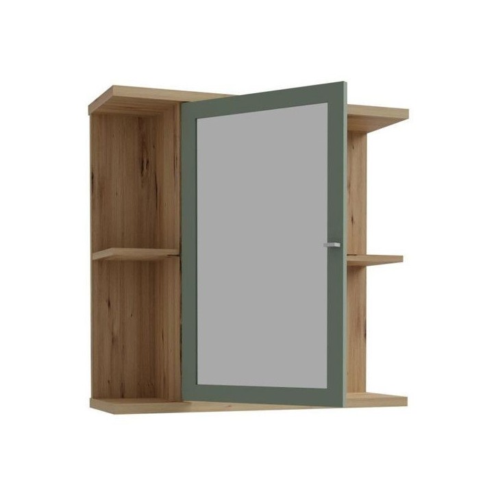 Armoire a suspendre - Chene artisan / Vert sauge - 1 porte avec miroir - Meuble de salle de bain - 69,9 x 23,2 x 68,8 cm