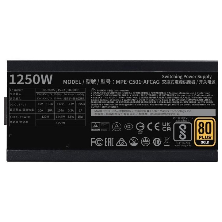 Alimentation PC - COOLER MASTER - MPE-C501-AFCAG-3EEU - MWE Gold 1250W V2 ATX3.1 - 80+ GOLD - 1250 W