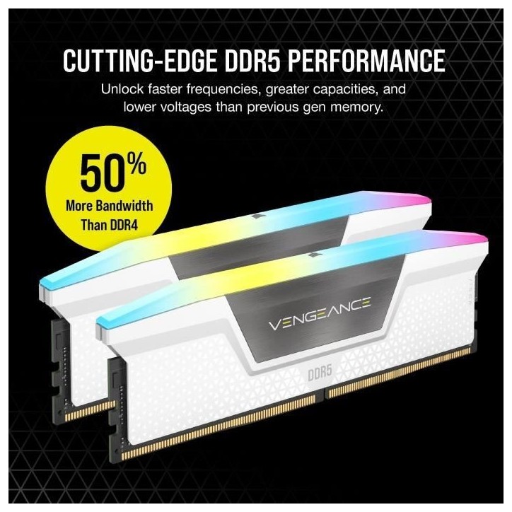 CORSAIR Vengeance RGB DDR5 - 32GB 2x16GB DIMM - 5200MHz - Unbuffered, 40-40-40-77, XMP 3.0, White Heatspreader, RGB LED, 1.25V CORSAIR Vengeance RGB DDR5 - 32GB 2x16GB DIMM - 5200MHz - Unbuffered, 40-40-40-77, XMP 3.0, White Heatspreader, RGB LED, 1.25V