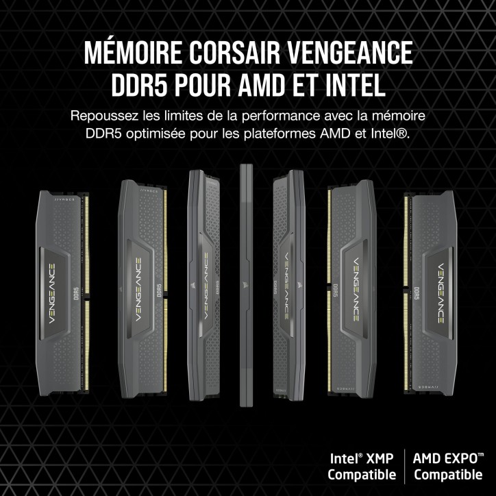 Mémoire RAM - CORSAIR - CMK32GX5M2B6400Z36 - 32 Go 2x 16 Go - VENGEANCE DDR5 Grey Heatspreader 6400MT/s - DIMM - CL 36 Mémoire RAM - CORSAIR - CMK32GX5M2B6400Z36 - 32 Go 2x 16 Go - VENGEANCE DDR5 Grey Heatspreader 6400MT/s - DIMM - CL 36