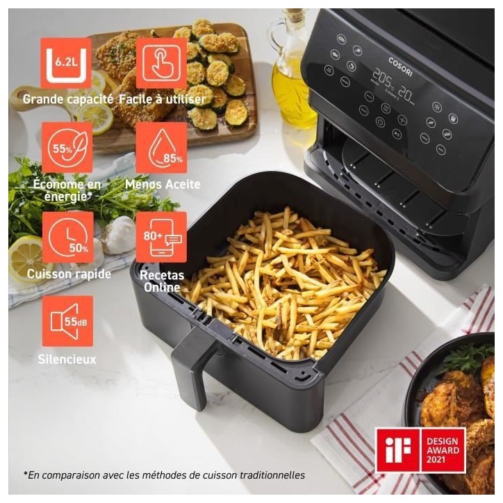 Friteuse sans huile COSORI - Premium II Chef Edition - Capacité 6,2L - 12 programmes - Pack 50 papiers cuisson - 1700W - Noir Friteuse sans huile COSORI - Premium II Chef Edition - Capacité 6,2L - 12 programmes - Pack 50 papiers cuisson - 1700W - Noir
