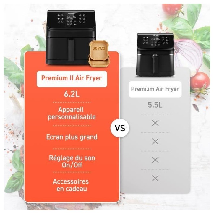 Friteuse sans huile COSORI - Premium II Chef Edition - Capacité 6,2L - 12 programmes - Pack 50 papiers cuisson - 1700W - Noir Friteuse sans huile COSORI - Premium II Chef Edition - Capacité 6,2L - 12 programmes - Pack 50 papiers cuisson - 1700W - Noir
