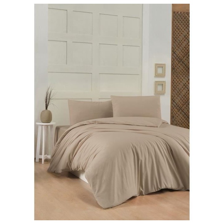 Parure de lit - 1 housse de couette 220 x 240 cm + 2 taies d'oreiller 60 x 60 cm - 100% coton renforcé - Beige