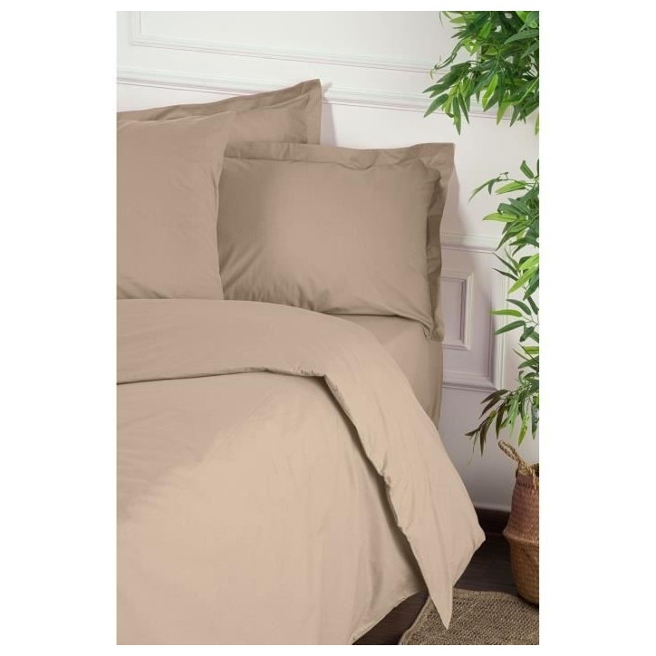 Parure de lit - 1 housse de couette 220 x 240 cm + 2 taies d'oreiller 60 x 60 cm - 100% coton renforcé - Beige
