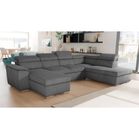 Canapé d'angle convertible panoramique 5 a 6 places DAYTONA - Tissu Lincoln anthracite - Avec coffre - L 326 x H 94 x P 216 cm