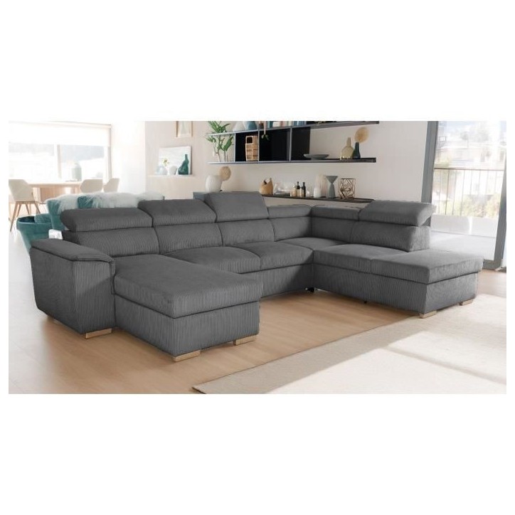 Canapé d'angle convertible panoramique 5 a 6 places DAYTONA - Tissu Lincoln anthracite - Avec coffre - L 326 x H 94 x P 216 cm Canapé d'angle convertible panoramique 5 a 6 places DAYTONA - Tissu Lincoln anthracite - Avec coffre - L 326 x H 94 x P 216 cm