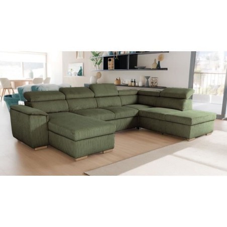 Canapé d'angle convertible panoramique 5 a 6 places DAYTONA - Tissu Lincoln kaki - Avec coffre - L 326 x H 94 x P 216 cm