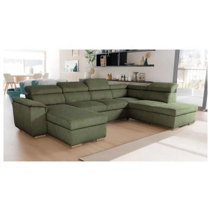 Canapé d'angle convertible panoramique 5 a 6 places DAYTONA - Tissu Lincoln kaki - Avec coffre - L 326 x H 94 x P 216 cm Canapé d'angle convertible panoramique 5 a 6 places DAYTONA - Tissu Lincoln kaki - Avec coffre - L 326 x H 94 x P 216 cm