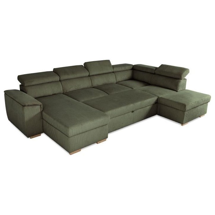 Canapé d'angle convertible panoramique 5 a 6 places DAYTONA - Tissu Lincoln kaki - Avec coffre - L 326 x H 94 x P 216 cm Canapé d'angle convertible panoramique 5 a 6 places DAYTONA - Tissu Lincoln kaki - Avec coffre - L 326 x H 94 x P 216 cm