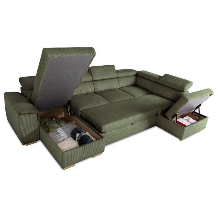 Canapé d'angle convertible panoramique 5 a 6 places DAYTONA - Tissu Lincoln kaki - Avec coffre - L 326 x H 94 x P 216 cm Canapé d'angle convertible panoramique 5 a 6 places DAYTONA - Tissu Lincoln kaki - Avec coffre - L 326 x H 94 x P 216 cm