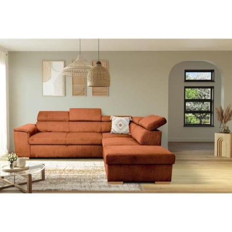 Canapé d'angle convertible réversible - 5 places - DAYTONA - Tissu Velours Terracotta - Coffre de rangement - L260 x H94 x P21