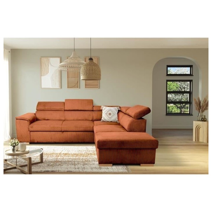 Canapé d'angle convertible réversible - 5 places - DAYTONA - Tissu Velours Terracotta - Coffre de rangement - L260 x H94 x P21 Canapé d'angle convertible réversible - 5 places - DAYTONA - Tissu Velours Terracotta - Coffre de rangement - L260 x H94 x P21