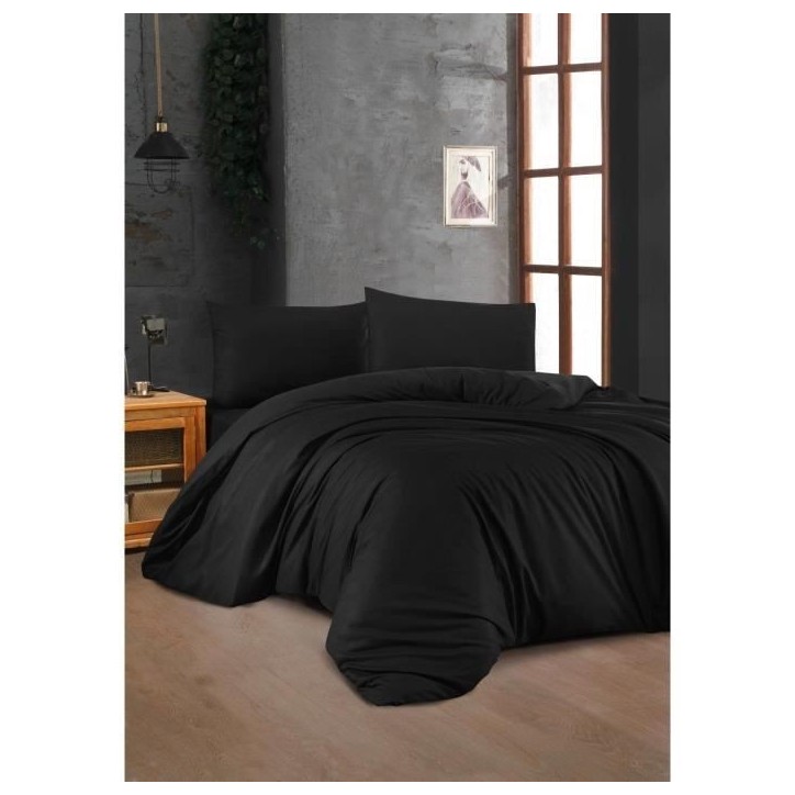 Parure de lit - 1 housse de couette 220 x 240 cm + 2 taies d'oreiller 60 x 60 cm - 100% coton renforcé - Noir