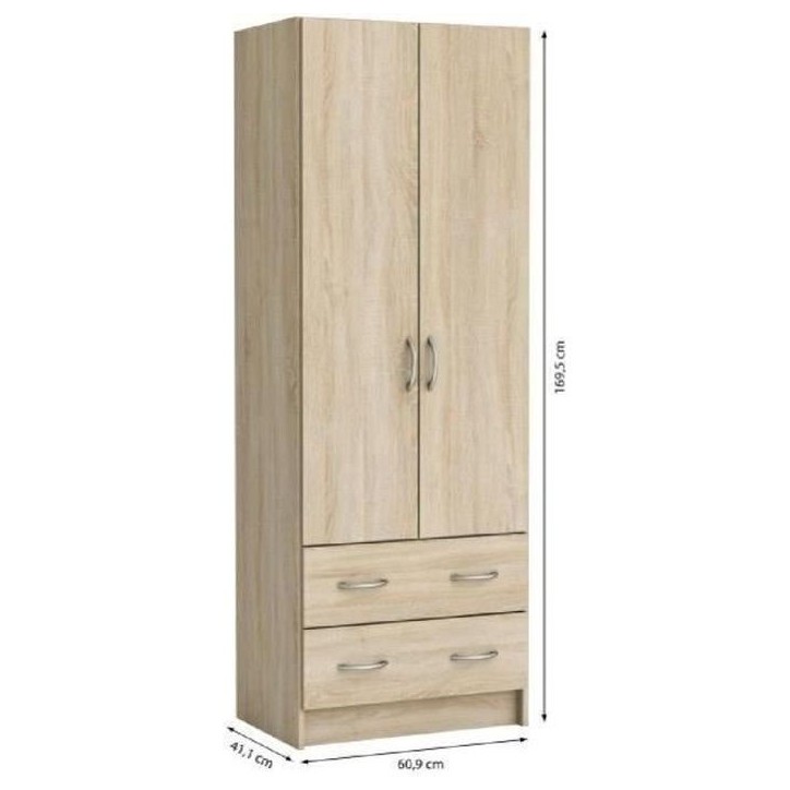 DEMEYERE Armoire - Décor chene brossé - 2 portes et 2 tiroirs - Classique - Chambre - L 61 cm - DUAL DEMEYERE Armoire - Décor chene brossé - 2 portes et 2 tiroirs - Classique - Chambre - L 61 cm - DUAL