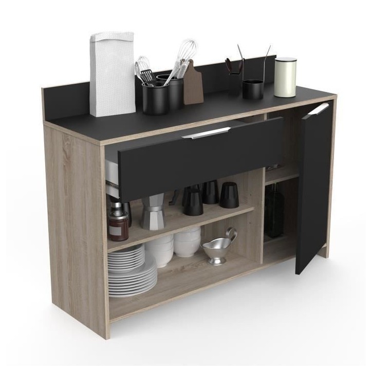 Buffet de cuisine - Décor chene brut et noir - Contemporain - 1 porte - MIKE - L 123 cm Buffet de cuisine - Décor chene brut et noir - Contemporain - 1 porte - MIKE - L 123 cm