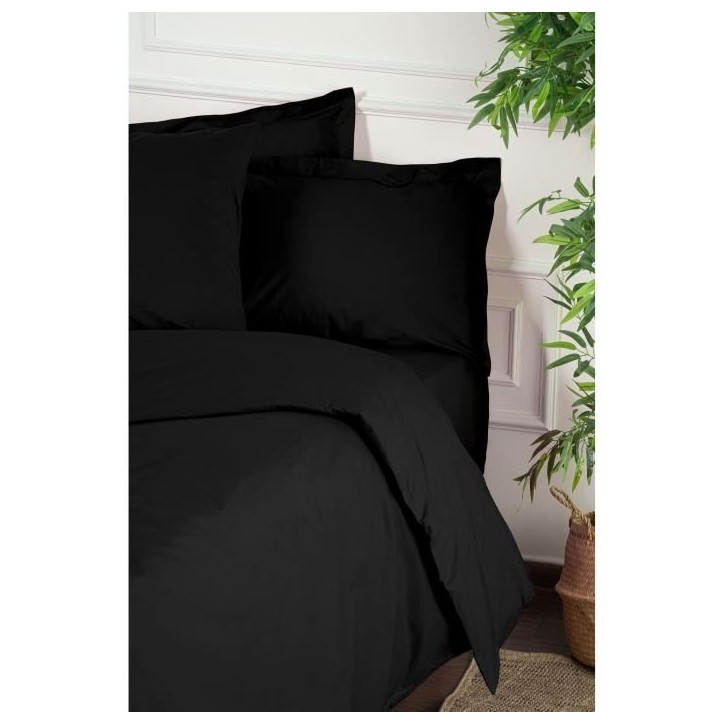 Parure de lit - 1 housse de couette 220 x 240 cm + 2 taies d'oreiller 60 x 60 cm - 100% coton renforcé - Noir
