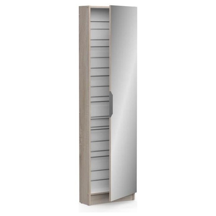 Armoire a chaussures - 12 Paires - Décor Chene - 1 porte avec miroir - L50 x P20x H180 cm - ZAPATERO Armoire a chaussures - 12 Paires - Décor Chene - 1 porte avec miroir - L50 x P20x H180 cm - ZAPATERO
