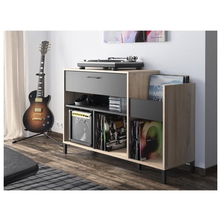 Meuble rangement vinyle - GAMI - Platine - Style urbain - Décor chene - Noir - L 115 x P 40 x H 81 cm Meuble rangement vinyle - GAMI - Platine - Style urbain - Décor chene - Noir - L 115 x P 40 x H 81 cm