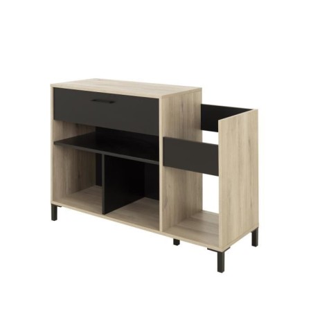 Meuble rangement vinyle - GAMI - Platine - Style urbain - Décor chene - Noir - L 115 x P 40 x H 81 cm