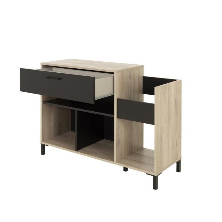 Meuble rangement vinyle - GAMI - Platine - Style urbain - Décor chene - Noir - L 115 x P 40 x H 81 cm Meuble rangement vinyle - GAMI - Platine - Style urbain - Décor chene - Noir - L 115 x P 40 x H 81 cm