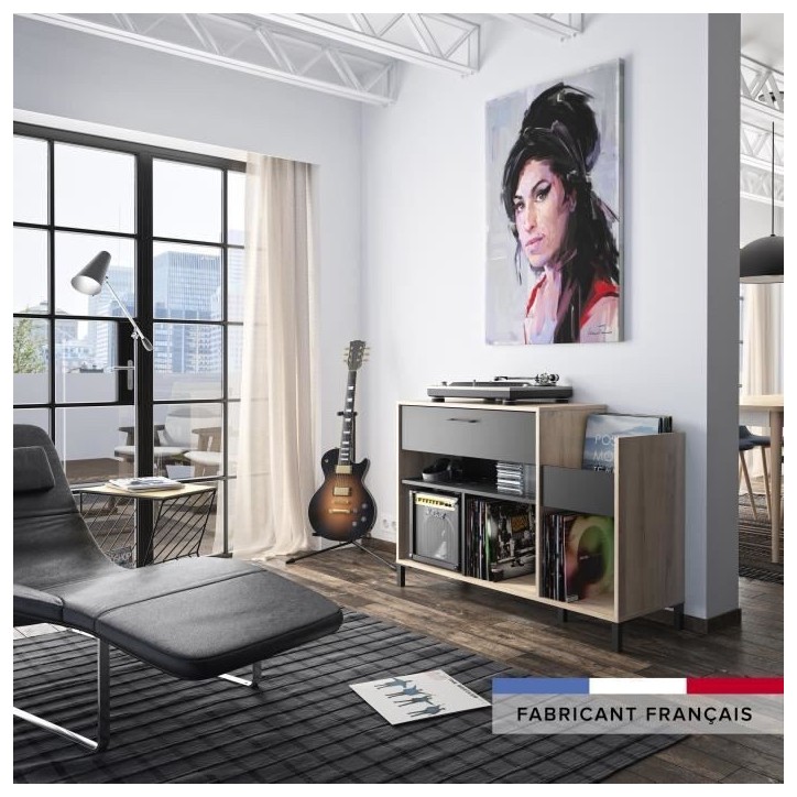 Meuble rangement vinyle - GAMI - Platine - Style urbain - Décor chene - Noir - L 115 x P 40 x H 81 cm Meuble rangement vinyle - GAMI - Platine - Style urbain - Décor chene - Noir - L 115 x P 40 x H 81 cm