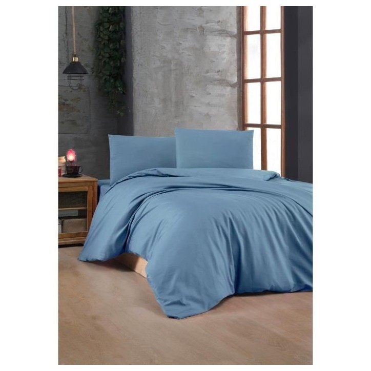 Parure de lit - 1 housse de couette 220 x 240 cm + 2 taies d'oreiller 60 x 60 cm - 100% coton renforcé - Bleu Parure de lit - 1 housse de couette 220 x 240 cm + 2 taies d'oreiller 60 x 60 cm - 100% coton renforcé - Bleu