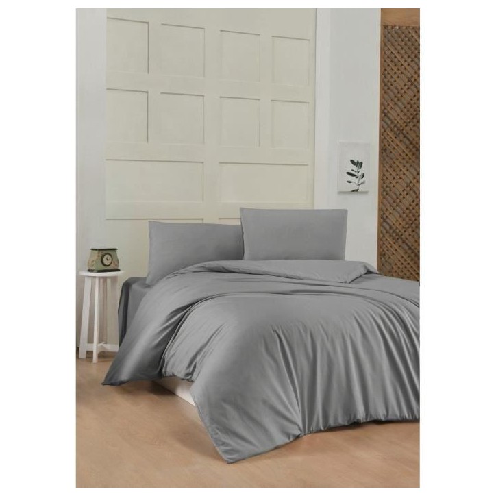Parure de lit - 1 housse de couette 220 x 240 cm + 2 taies d'oreiller 60 x 60 cm - 100% coton renforcé - Gris
