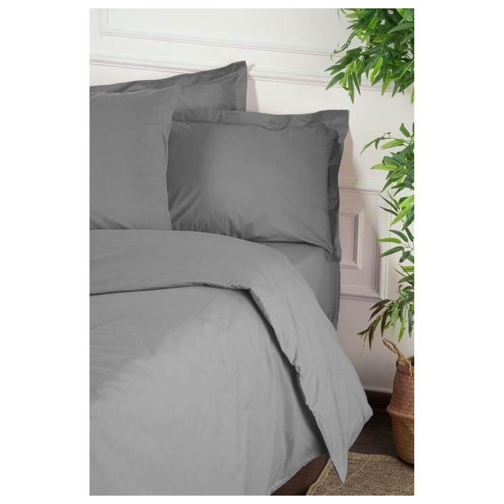 Parure de lit - 1 housse de couette 220 x 240 cm + 2 taies d'oreiller 60 x 60 cm - 100% coton renforcé - Gris