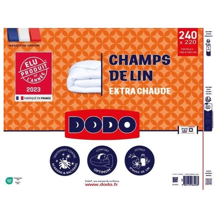 Couette 220x240 cm DODO CHAMPS DE LIN - Chaude - 450G/m² - Couette 2 personnes -Douce et Chaude -Anti-acariens Antibactériens