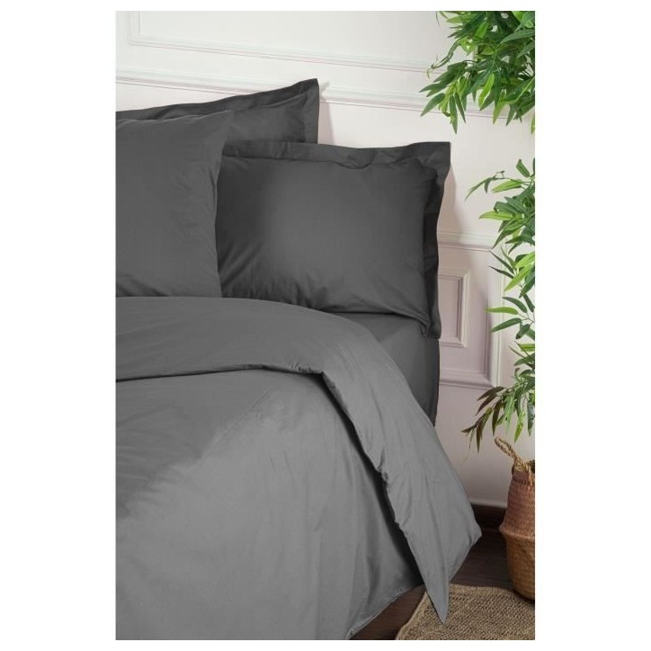 Parure de lit - 1 housse de couette 220 x 240 cm + 2 taies d'oreiller 60 x 60 cm - 100% coton renforcé - Anthracite Parure de lit - 1 housse de couette 220 x 240 cm + 2 taies d'oreiller 60 x 60 cm - 100% coton renforcé - Anthracite