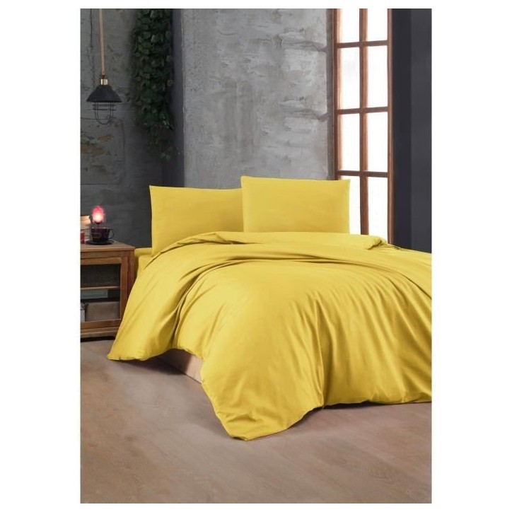 Parure de lit - 1 housse de couette 220 x 240 cm + 2 taies d'oreiller 60 x 60 cm - 100% coton renforcé - Jaune
