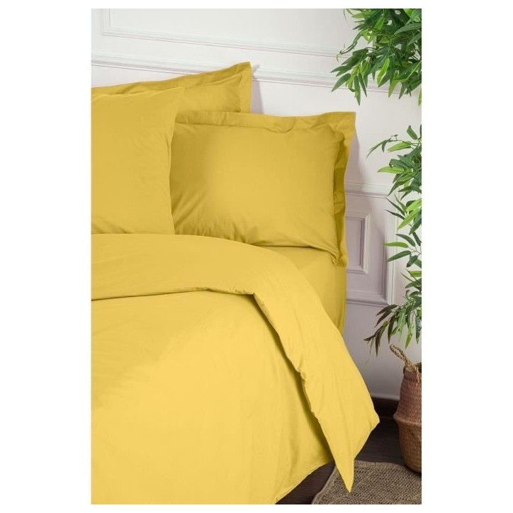 Parure de lit - 1 housse de couette 220 x 240 cm + 2 taies d'oreiller 60 x 60 cm - 100% coton renforcé - Jaune